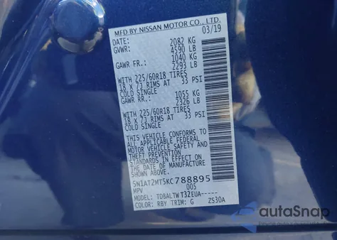 2019 Nissan Rogue Sv z USA, uszkodzony, nr VIN 5N1AT2MT5KC788895